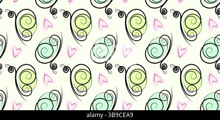 Stylisé papillons dessinés à la main et coeurs décoratifs Seamless Pattern Trendy Hues Summer fond. Conception vectorielle isolée cartes thématiques emballage papier peint ou bannière promo Web, message d'accueil, étiquette, étiquette Illustration de Vecteur