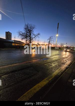 Une rue de ville brille au crépuscule, une chaussée humide scintillante avec les reflets des lampadaires. Un arbre solitaire et une tour se dressent sur le ciel crépusculaire. Banque D'Images