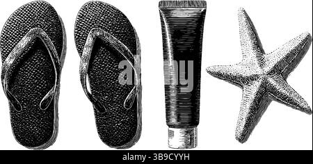 Illustrations gravées d'étoiles de mer, tongs et crème solaire pour le thème de la plage d'été. Illustration de Vecteur