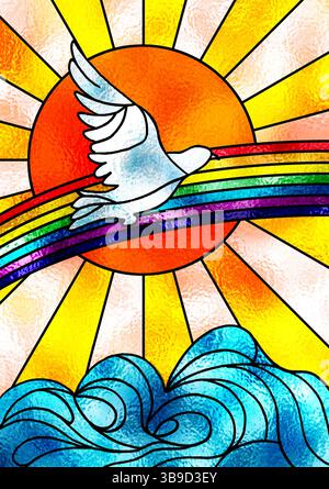 Composition de vitrail montrant une colombe blanche volant au-dessus d'un arc-en-ciel et un soleil brillant. Illustration numérique. Banque D'Images