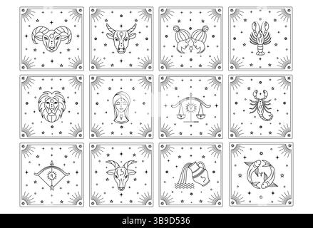 Jeu de cartes de tarot avec des signes du zodiaque. Illustration de Vecteur