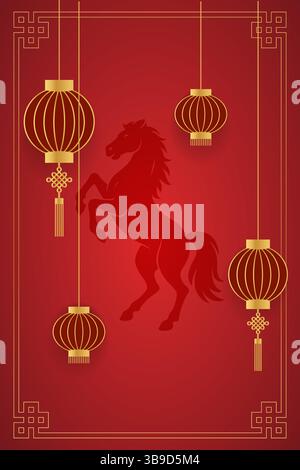 Carte de voeux rouge verticale avec des lanternes dorées et un cheval de zodiaque élevant, symbolisant la chance et la fête pour l'année du cheval 2026. Illustration de Vecteur
