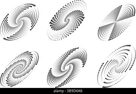 Formes avec des motifs de points demi-teintes tourbillonnants en noir et jaune sur fond blanc. Illustration de Vecteur