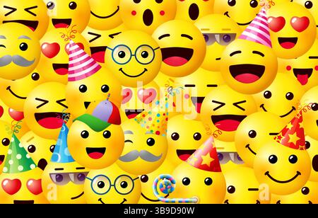 Fond jaune mignon créatif avec émoticônes positives 3D. Ensemble d'émojies. Toile de fond des fêtes avec masque d'écrêtage isolé. Modèle d'invitation à une fête Illustration de Vecteur