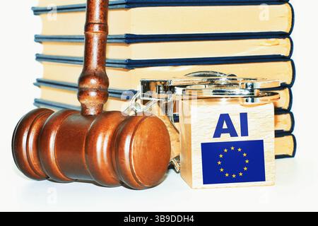 Drapeau Europe avec marteau virtuel et bloc sonore et mot ai. Concept de l'UE a récemment adopté la Loi sur l'IA, inaugurant de nouvelles restrictions sur l'artificiel Banque D'Images