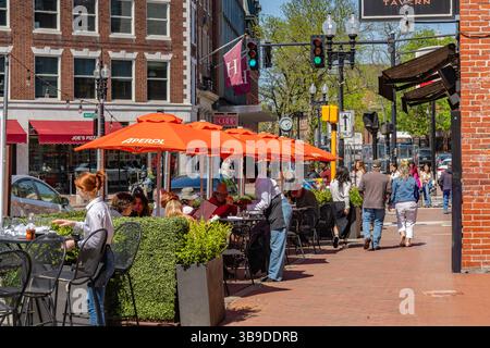 1er mai 2025-Cambridge, ma, États-Unis-scène des gens mangeant dans un restaurant en plein air dans le quartier de Harvard Square. Banque D'Images