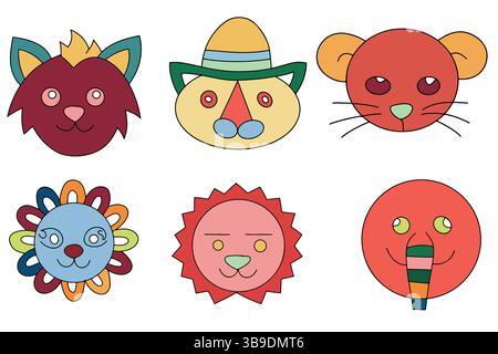Colorful-Cartoon-animal-visages – Fun-Vector-Character-icônes-pour-enfants-&-artisanat. Illustration de Vecteur