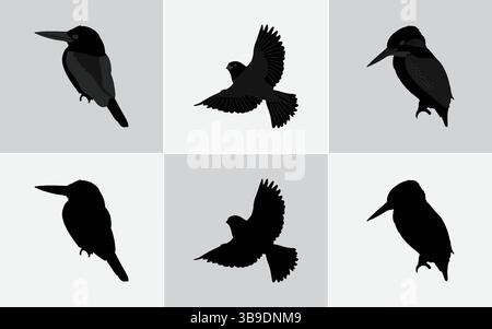 Six illustrations minimalistes de silhouette d'oiseau noir : icônes vectorielles pour la conception Web et d'impression, silhouettes d'oiseau noir ensemble vectoriel : comprend Finch, moineau, Illustration de Vecteur