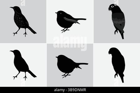 Six illustrations minimalistes de silhouette d'oiseau noir : icônes vectorielles pour la conception Web et d'impression, silhouettes d'oiseau noir ensemble vectoriel : comprend Finch, moineau, Illustration de Vecteur