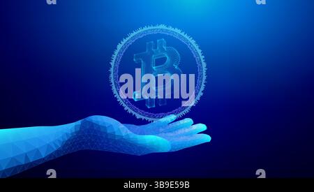 Main polygonale numérique présentant le symbole Bitcoin brillant dans un espace virtuel futuriste sur fond bleu Illustration de Vecteur