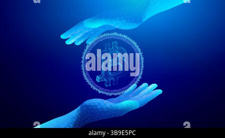 Mains polygonales futuristes échangeant le symbole numérique Bitcoin dans l'espace virtuel brillant sur fond bleu Illustration de Vecteur