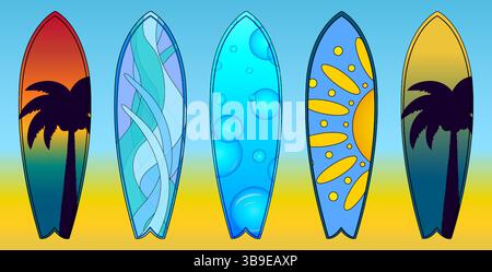 Ensemble de planche de surf vectorielle d'été avec coucher de soleil tropical, silhouettes de palmiers, soleil, bulles d'eau et motifs de vagues sur un fond dégradé. Idéal pour la somme Illustration de Vecteur