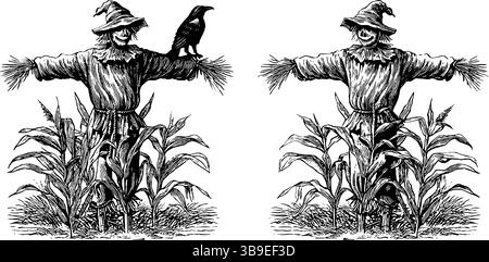 Ensemble d'illustrations gravées avec épouvantail et tiges de maïs pour un décor d'automne. Illustration de Vecteur