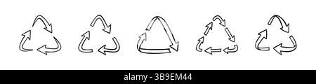 Ensemble de symboles de recyclage en forme de triangle de doodle dessiné à la main. Réutiliser le dessin de l'affiche. Plastique, déchets, marque de papier et fond de code. Schéma d'identification des déchets IC Illustration de Vecteur
