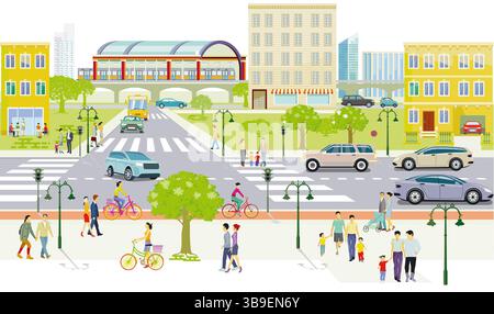 Les gens sur le passage à zèbre et la circulation dans le quartier, illustration Banque D'Images