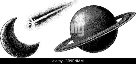 Celestial Wonders illustration gravée avec lune, étoile filante et planète. Illustration de Vecteur