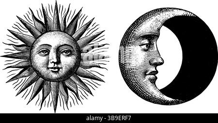 Ensemble d'illustrations gravées de soleil et de lune représentant une éclipse céleste. Illustration de Vecteur