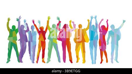 Un groupe de personnes acclamant et se réjouissant, isolé sur l'illustration blanche Banque D'Images