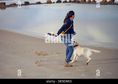 Femme jouant avec son chien et jetant un morceau de bois Banque D'Images