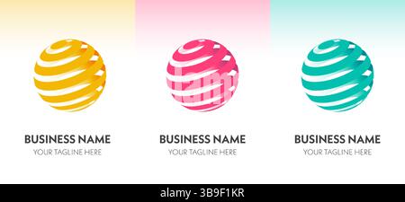 Ensemble de 3 logos sphériques rayés colorés avec effet globe 3D. Idéal pour la marque, l'identité d'entreprise ou les visuels de start-up technologiques. Illustration de Vecteur