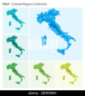 Collection de cartes de l'Italie. Forme de pays avec régions colorées. Bleu clair, cyan, sarcelle, vert, vert clair, palettes de couleurs de chaux. Illustration de Vecteur