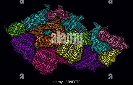 République tchèque Word Cloud. Noms de région du pays en tchèque. Design de style néon lumineux sur un fond sombre. Illustration de Vecteur