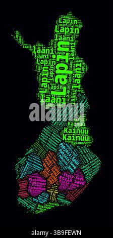 Finlande régions nuages de mots. Design de style néon lumineux sur un fond sombre. Noms de région du pays en finnois. Illustration de Vecteur