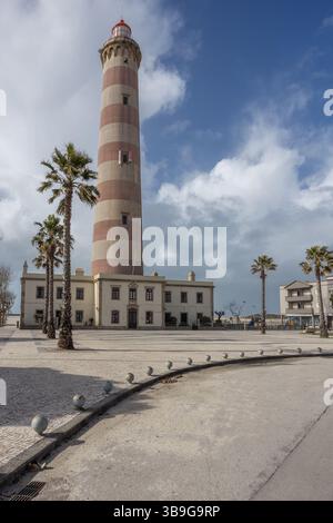 Palmiers devant le phare de Farol de Aveiro et le ciel bleu, Gafanha da Nazare, Aveiro, Portugal Banque D'Images