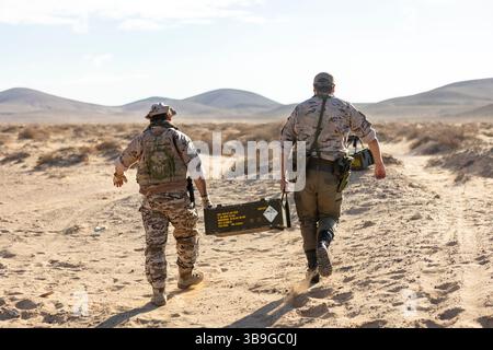 Deux soldats, habillés de camouflage, portent une lourde boîte de ravitaillement à travers un paysage désertique aride, mettant en valeur le travail d'équipe et les opérations militaires dans Harsh env Banque D'Images