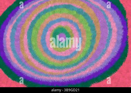 Art abstrait vibrant mettant en vedette des cercles concentriques dans diverses nuances pastel, y compris violet, vert, rose et bleu. Les coups de pinceau texturés créent un Banque D'Images