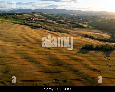 Prise de vue panoramique par drone de champs vallonnés et de collines douces à Macerata, en Italie, baignée par la lumière dorée du soir et entourée par la tranquillité de la campagne Banque D'Images