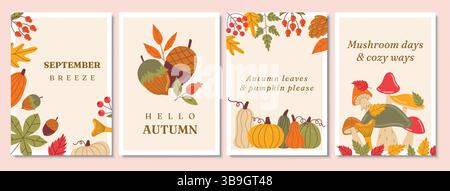 Ensemble d'affiches d'automne présentant des éléments saisonniers comme des feuilles colorées, des baies et des champignons dans des tons terreux chauds, parfait pour un décor sur le thème de l'automne, se Illustration de Vecteur