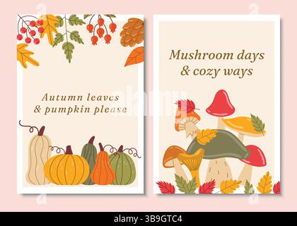Ensemble d'affiches d'automne mettant en vedette des éléments saisonniers comme des feuilles colorées, des baies et des champignons, parfait pour le décor sur le thème de l'automne, les promotions saisonnières et n Illustration de Vecteur