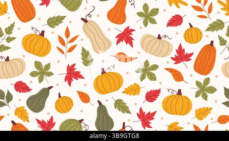 Motif sans couture d'automne avec des feuilles colorées et des citrouilles. Design saisonnier confortable avec des tons chauds, parfait pour les thèmes d'automne, les textiles, la pape d'emballage Illustration de Vecteur