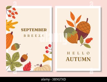 Ensemble d'affiches d'automne présentant des éléments saisonniers comme des feuilles colorées, des baies et des champignons dans des motifs de tons terreux chauds. Illustration de Vecteur