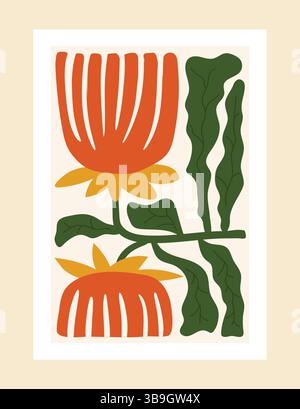 Affiche florale moderne inspirée du style collage Matisses, avec des formes abstraites lumineuses et des motifs végétaux ludiques. Illustration de Vecteur