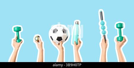 Beaucoup de mains avec des équipements de sport sur fond bleu clair Banque D'Images