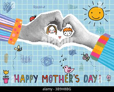 Mignon maman et fils faces carte de voeux de fête des mères avec dessins enfantins dessinés à la main, fond de collage demi-ton Illustration de Vecteur