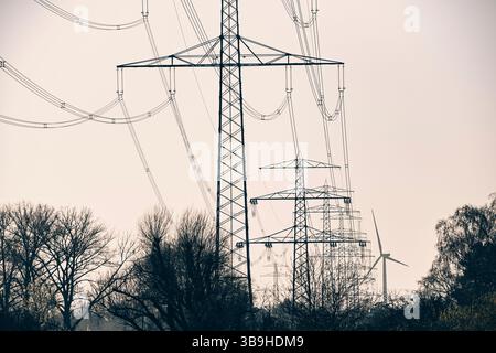 Pylônes haute tension à Allermöhe, Hambourg Banque D'Images