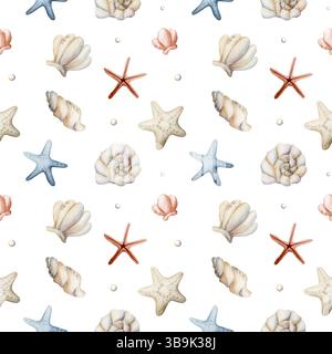 Coquilles de mer Starfish Pearls. Aquarelle peint à la main motif sans couture d'été sur fond blanc. Mignon pastel neutre vie marine sous-marine sous-marine pour Banque D'Images