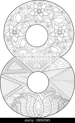 Une illustration complexe du numéro huit rempli de motifs décoratifs floraux et géométriques, parfait pour colorer des livres, du matériel éducatif, Illustration de Vecteur