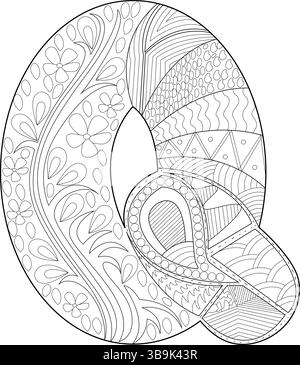 Une illustration détaillée de contour noir et blanc de la lettre majuscule Q remplie de motifs complexes, adapté pour les livres de coloriage, mater éducatif Illustration de Vecteur