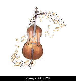 Violoncelle embrassé par le personnel musical de curling avec des notes flottantes illustration d'aquarelle romantique fond isolé. Composition musicale pour poste de concert Banque D'Images