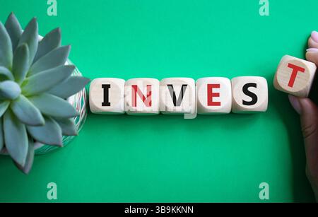 Symbole investir. Blocs en bois avec mot Invest. Main d'homme d'affaires. Beau fond vert avec plante succulente. Business and Invest concept. Copier sp Banque D'Images