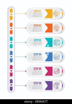 Infographie commerciale en six étapes planification de la stratégie et visualisation des processus Illustration de Vecteur