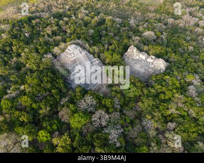 Plan aérien de la pyramide maya principale de Becan, Mexique Banque D'Images