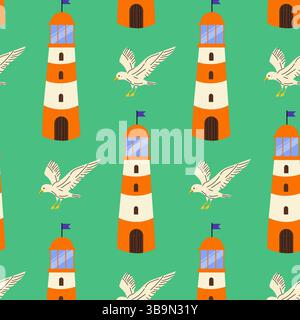 Phare coloré et motif mouette sur fond lumineux avec des éléments de conception fantaisistes Illustration de Vecteur