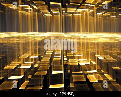 De mystérieux golden hall - résumé de l'image générée par ordinateur. Fractale : cubes et de piliers de lumière. Toile de fond, la technologie ou la science ésotérique fict Banque D'Images