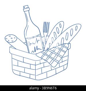 Panier pique-nique avec vin, pain et ustensiles prêts pour le plaisir en plein air par une journée ensoleillée Illustration de Vecteur