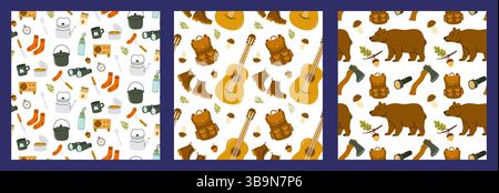 Motifs colorés sur le thème du camping mettant en vedette des éléments de la nature et de l'équipement de plein air Illustration de Vecteur